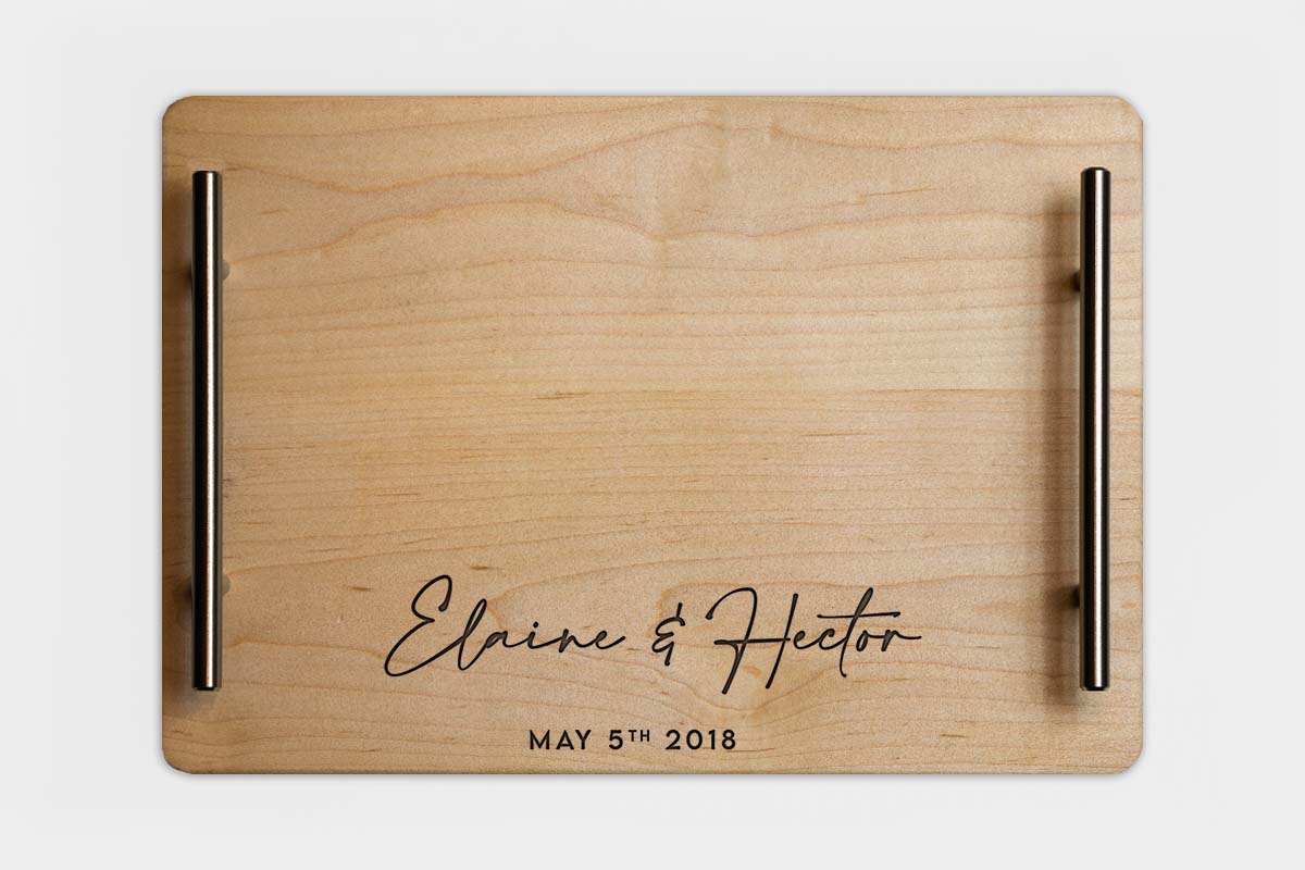engraved wooden serving tray, couple names and wedding dates